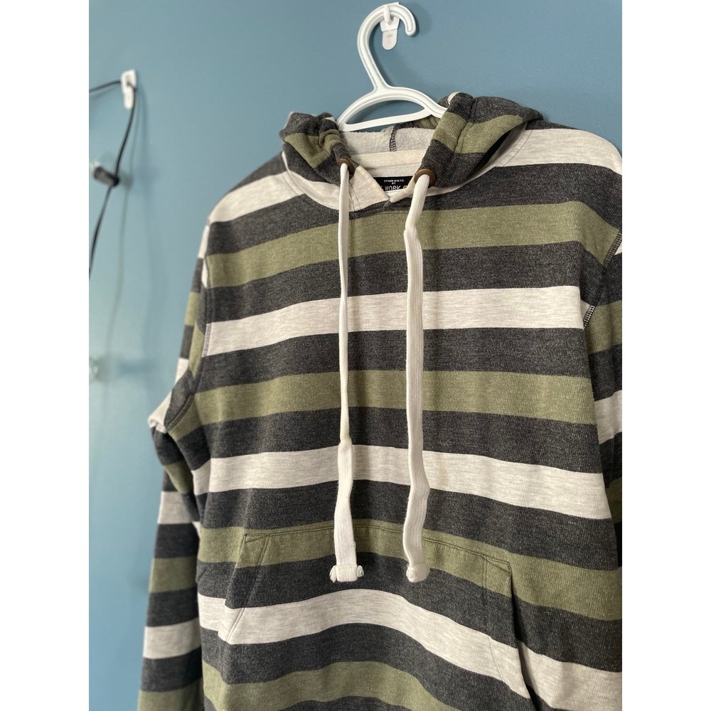 Sunday Work Clothes Mens Hoodie sz M Gray Green Striped Drawstring Pocket‎